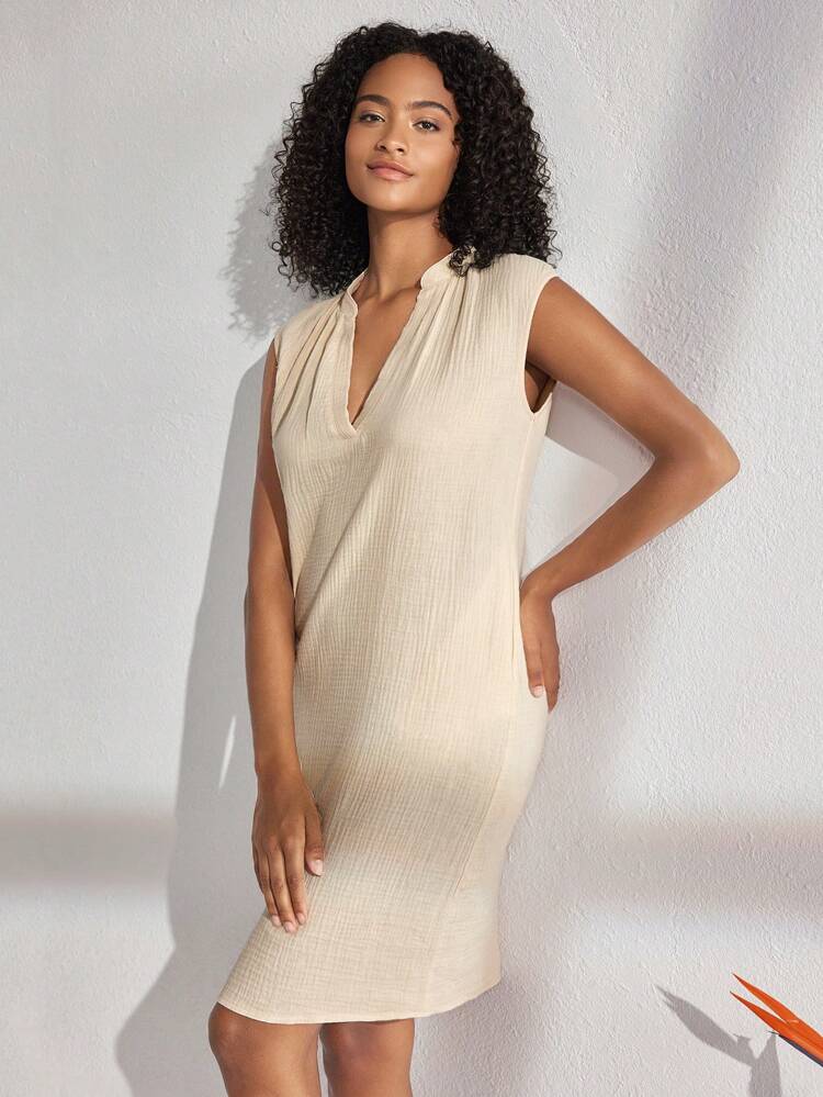 Leisure 100% Cotton Natural Material Women's Sleeveless Home Dress With V-Neck-Khaki