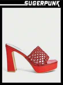 Sugerpunk Y2k編織空心厚底粗跟紅色高跟涼鞋女夏季紅色鞋子 - 酒紅色 - 查看 1