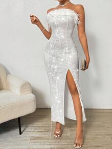 Zolique 优雅浪漫亮片装饰无袖女式派对连衣裙，适合节日派对服装，长款女式服装 - 白色 - 查看 5