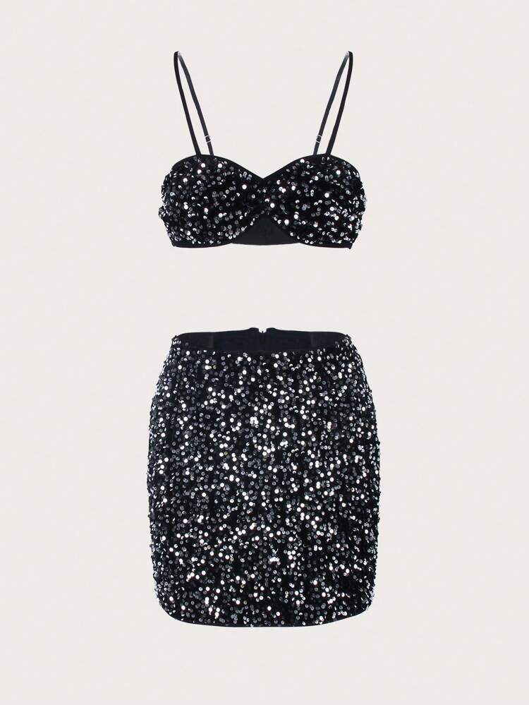 Two Pieces Sequined Super Short Cami Top And Skirt Set