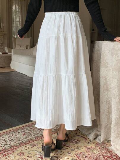 Dazy Designer Solid Elastic Waist Tiered Hem Skirt,Ladies Casual Ruffle Hem Long Loose Natural White Plain Women Skirts,Spring/Fall,Casual Daily Wear