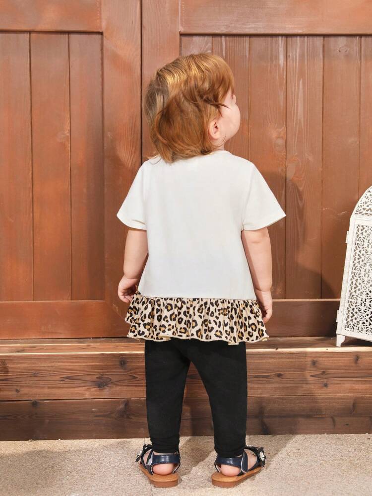 Baby Girl Leopard Patchwork Short Sleeve Top With Ruffle Trim And Tight Pants Casual Outfit