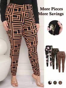 SHEIN Essnce Plus Size3pcs Back Gathered  Allover Print High Waist Leggings - Multicolor - View 2