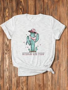 Calvaya 大尺碼女卡通字母印花圓領短袖 T 卹 - 白色 - 查看 1