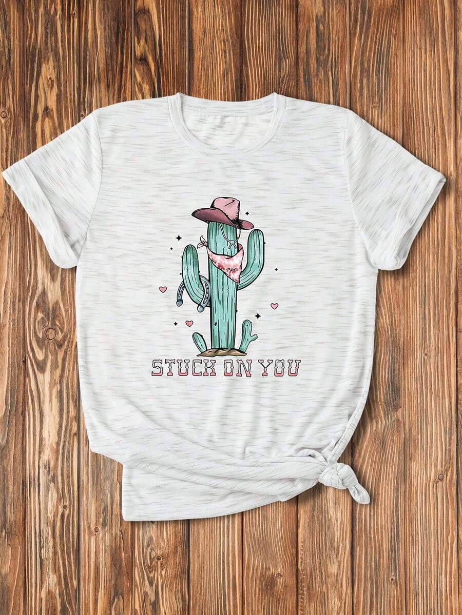 Calvaya 大尺碼女卡通字母印花圓領短袖 T 卹 - 白色 - 查看 1