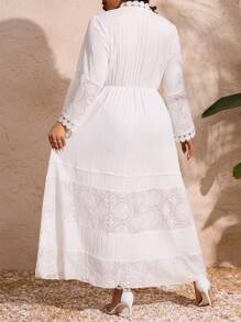 SHEIN Clasi Kích thước lớn Của phụ nữ Ren Vá lại Chi tiết xếp nếp Đầm - trắng - Xem 2