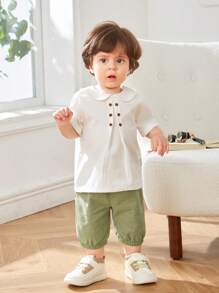 SHEIN Leap Crew Baby Boy Peter Pan Collar Decorative Button Sweatshirt And Solid Color Shorts Set - Mint Green - View 4