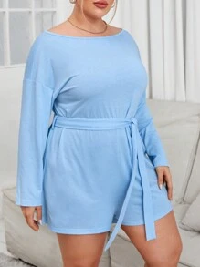 SHEIN Essnce Enterizo azul de manga larga en talla grande con cintura con cinturón y cremallera trasera para primavera/verano - Azul - Ver 1