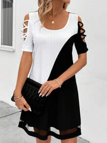 SHEIN Clasi 女士撞色网眼撞色短袖镂空连衣裙 - 黑與白 - 查看 4