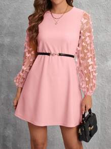 SHEIN Clasi Của phụ nữ Bướm đính Lưới Tay áo dài Đầm - Màu Hồng baby - Xem 5