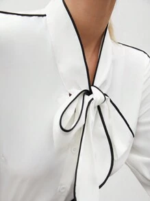 BizChic 女式條紋色塊領口細節捲邊襯衫 - 白色 - 查看 8