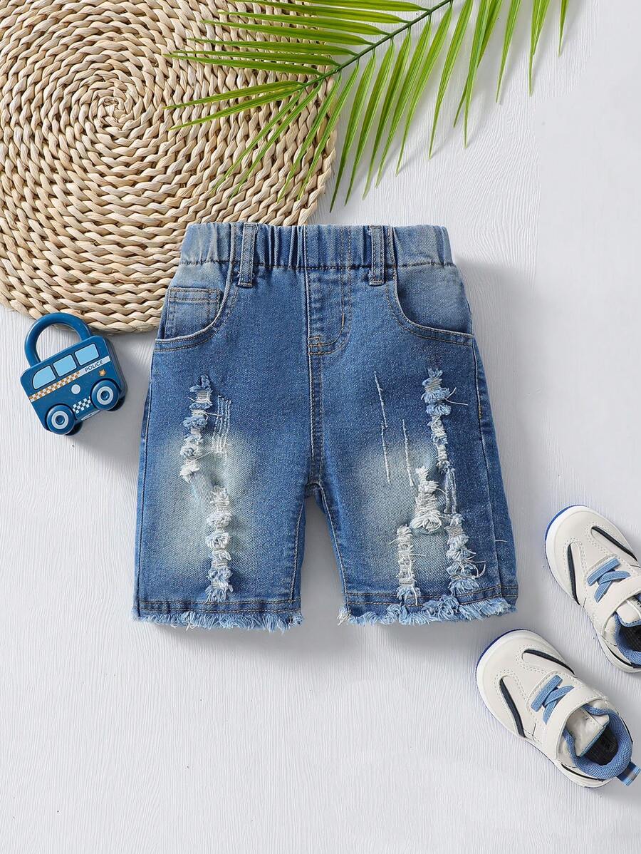 Đứa bé trai Đau khổ Frayed Hem Quần short Denim - Rửa trung bình - Xem 1