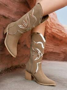 Styleloop 女士中筒靴，编织纹理，波西米亚风，西部风，音乐节风格 - 黃色 - 查看 3