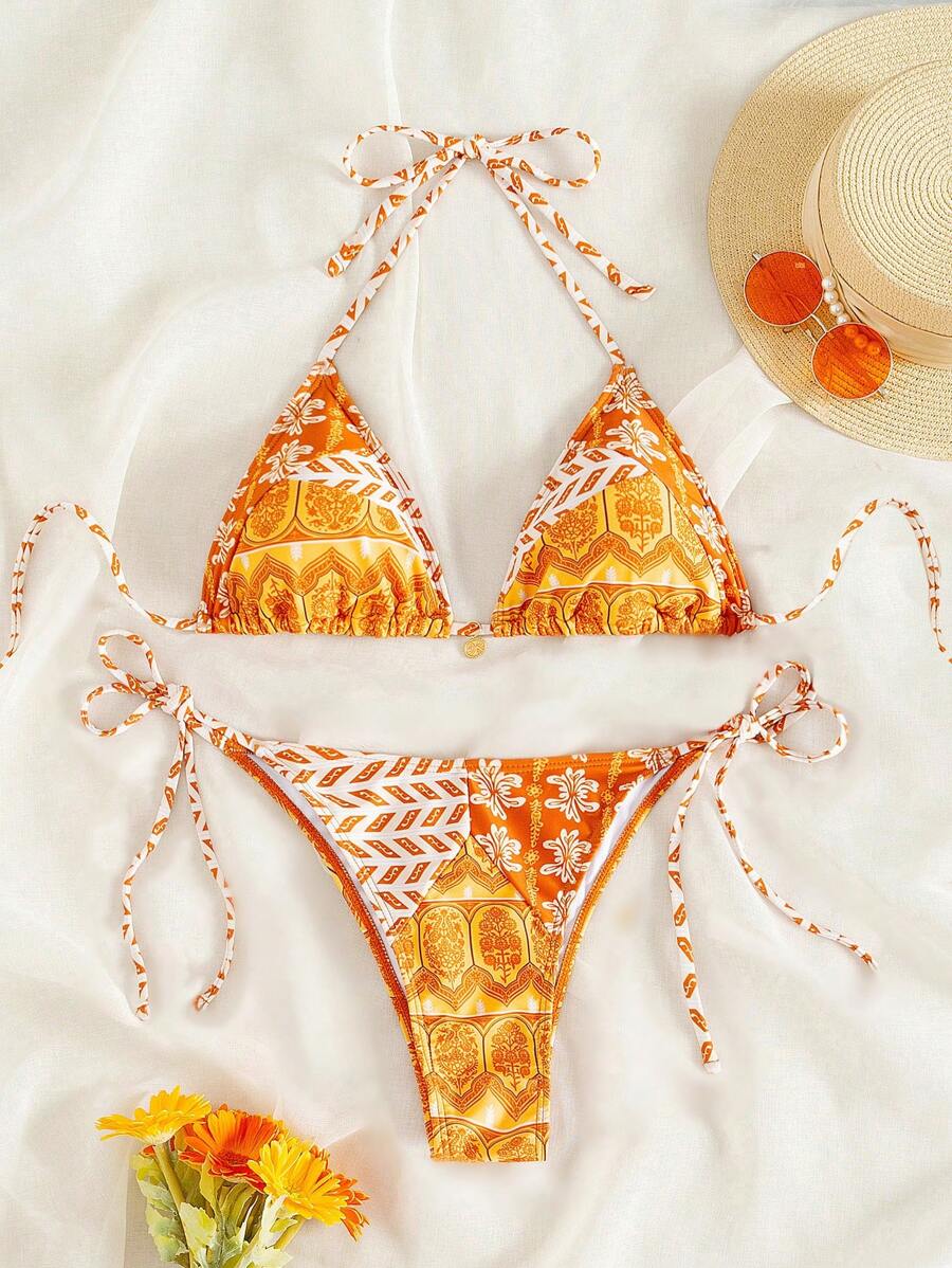Swim Vcay 夏季海灘隨機印花露肩比基尼套裝泳裝,側面綁帶可拉長 - 彩色 - 查看 1