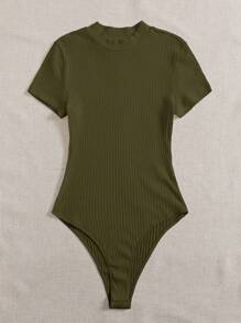 SHEIN EZwear 純色鐵鍊針織短袖連身衣 - 軍綠色 - 查看 4