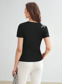 MOTF PREMIUM Camiseta Decorada Con Cuentas De Perlas Para Mujer