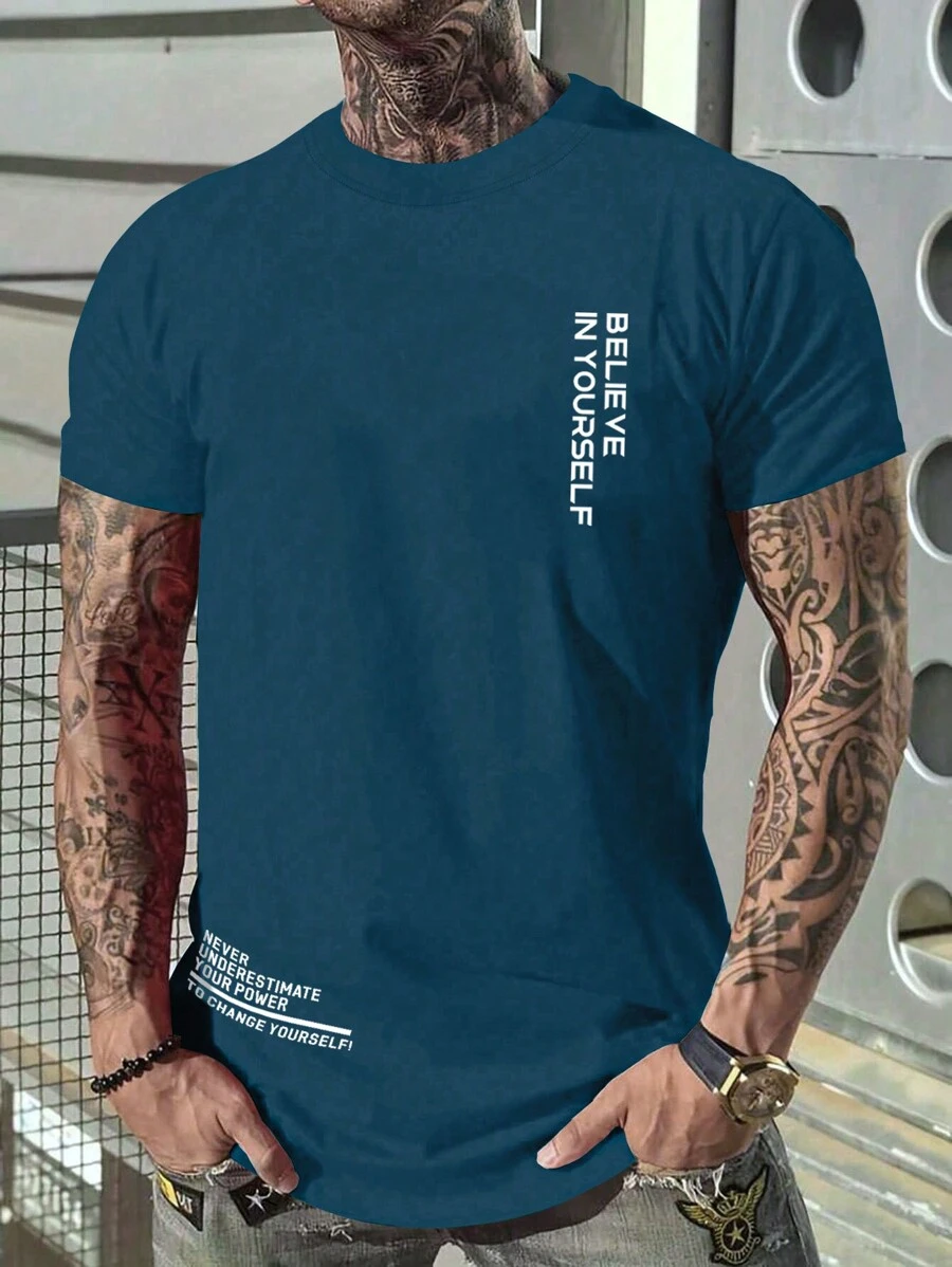 Manfinity Homme Men Plus Slogan Graphic Tee Without Necklace - Royal Blue - View 1