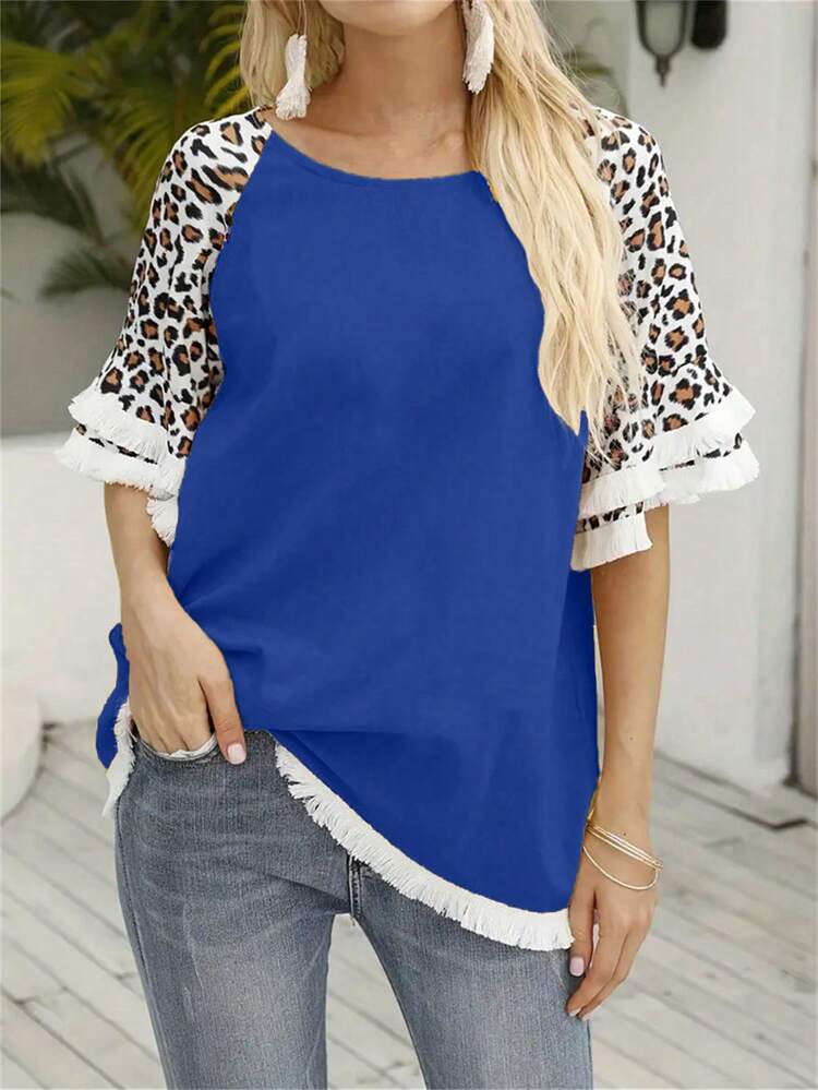 Plus Size Women's Leopard Print Patchwork Raglan Sleeve T-Shirt