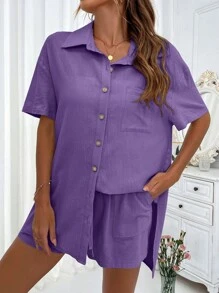 SHEIN LUNE Women's Solid Color Drop Shoulder Shirt And Shorts Two Pieces Set - Purple - View 5
