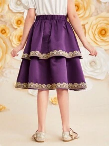 SHEIN Tween女孩迷人的蕾絲裝飾雙層中長裙 - 紫色 - 查看 2