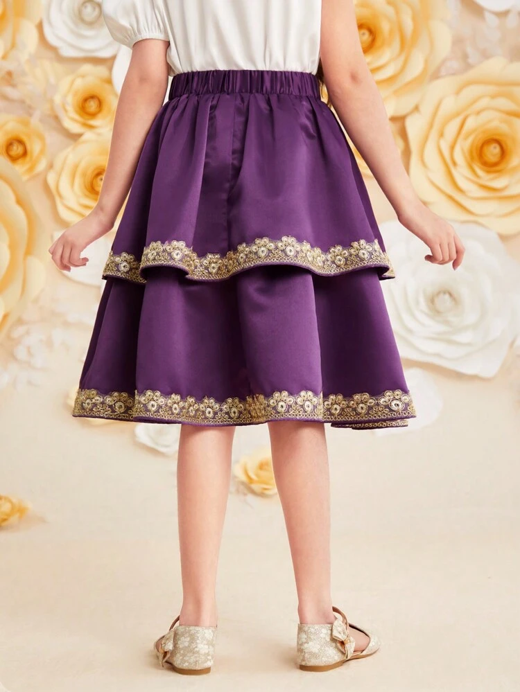 Tween Girls' Adorable Lace Decor Double-Layered Midi Skirt