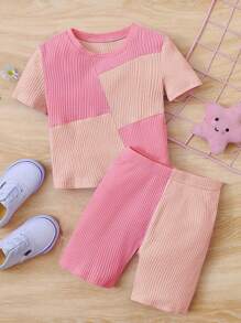 SHEIN Cô Gái Trẻ Giải trí Thoải mái Tương phản Màu sắc 2 cái/bộ - Màu Hồng Tươi - Xem 1