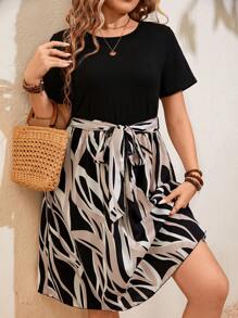 SHEIN LUNE Vestido De Manga Corta Impreso Para Mujer En Talla Grande - Negro - Ver 5