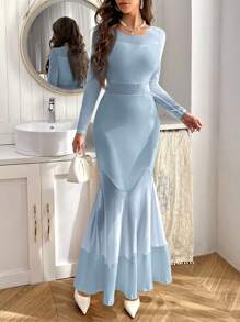 SHEIN Privé Colorblock Mermaid Hem Dress - Blue - View 5