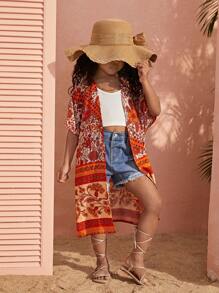 SHEIN 少女日常休閒春夏花卉圖案開襟和服