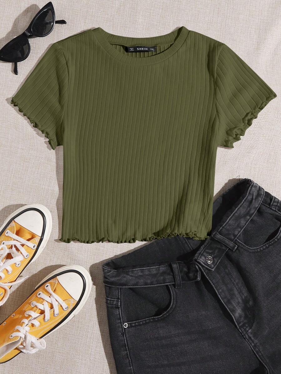 SHEIN EZwear 大码女式生菜边罗纹 T 恤 - 軍綠色 - 查看 1