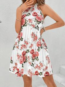 SHEIN VCAY Floral Printed Halter Neck Vacation Pink Dress - White - View 1
