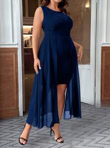 SHEIN Clasi Plus Size Lace Patchwork Asymmetrical Hemline Dress - Navy Blue - View 3