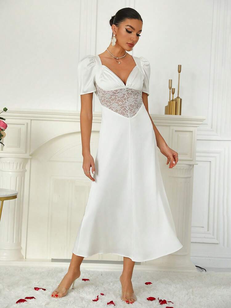 Deep V-Neck Puff Sleeve Lace Patchwork A-Line Dress