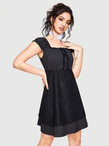 Sweetness 女款蕾絲拼接荷葉邊a字裙 - 黑色 - 查看 8