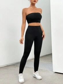 Lunelith SHEIN Lunessa Women's Short Cut Tube Top And Tights Two Piece Set