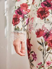 少女花卉印花蕾絲修飾長褲套裝,背心和襯衫3入組家居服套裝 - 彩色 - 查看 3