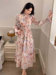 DAZY Floral Printed Frill-Edge Self-Tie Neck Ladies' Dress,Ruffle,Fall Clothes Long Sleeve Dress Maxi Dress - Multicolor - View 5