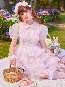 ROMWE PUNK Women's Mesh Ruffle Short Puff Sleeve Dress, School - Pink - View 2