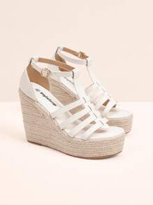 Styleloop 女士時尚波西米亞條紋白色楔形涼鞋，極簡設計和粗麻繩細節，是度假放鬆的完美選擇 - 白色 - 查看 2
