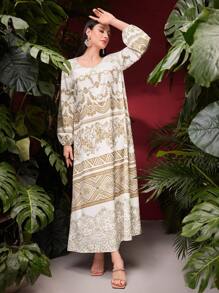 Al Najma Vintage Women's Lantern Sleeve Printed Dress