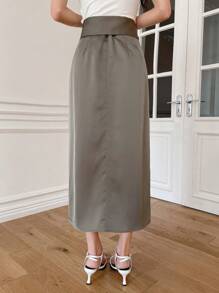 DAZY Women's Satin Skirt With Front Slit Fall Skirts - Green - View 2
