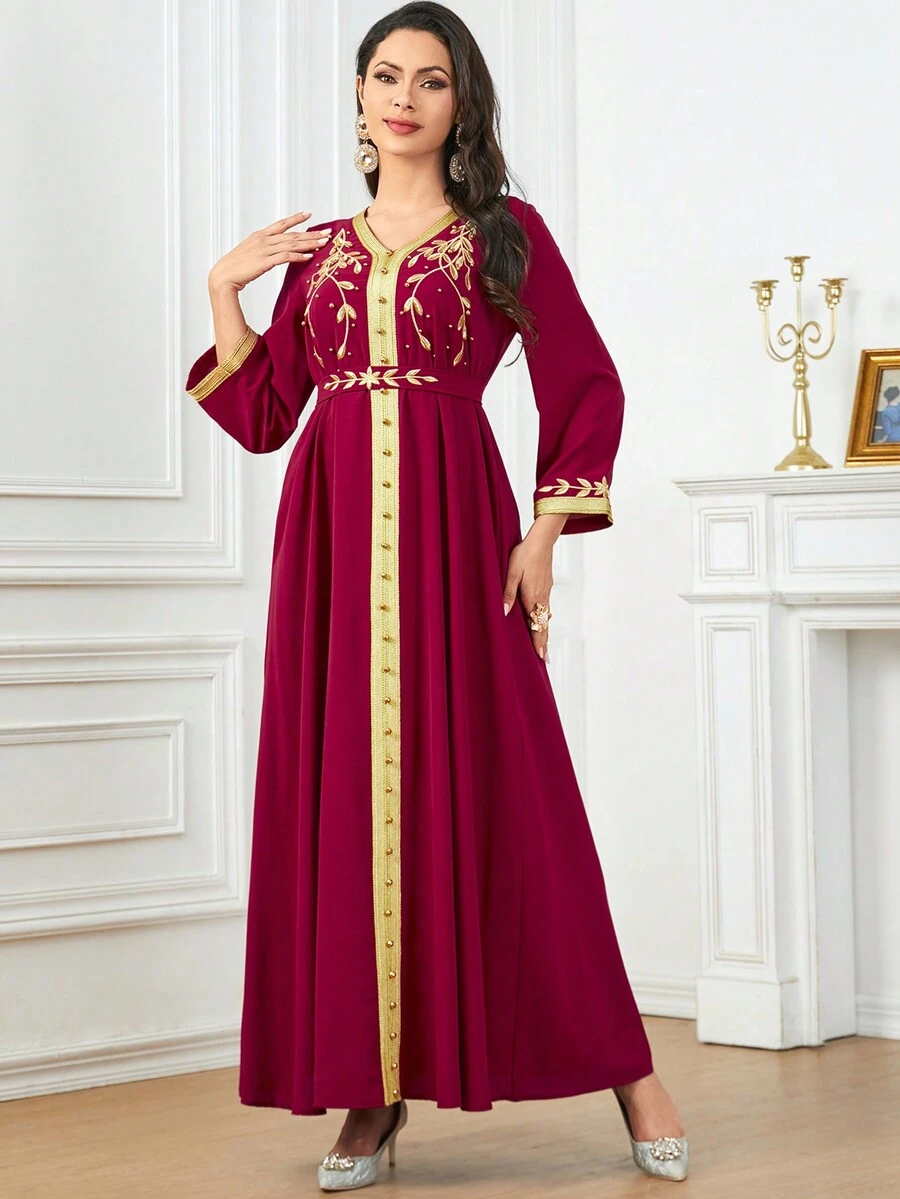Gewebtes Kleid für Frauen mit Perlenbestickter Patchwork-Gürtel - Rot - Übersicht 1