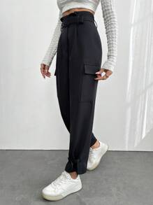 RueChic Belt Detailed Cargo Pants - Black - View 4