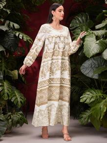 Al Najma Vintage Women's Lantern Sleeve Printed Dress