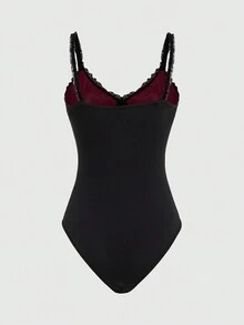 ROMWE Goth 女士性感彩色網紋蕾絲修飾蝴蝶結細節連體衣 - 黑色 - 查看 2