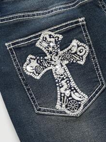 ROMWE Grunge Punk Quần Jeans Ống Loe Họa Tiết Ngôi Sao Mặt Trăng Cổ Điển Y2k, Trang Trí Đính Đá, Dành Cho Trường Học - Màu xanh hải quân - Xem 4