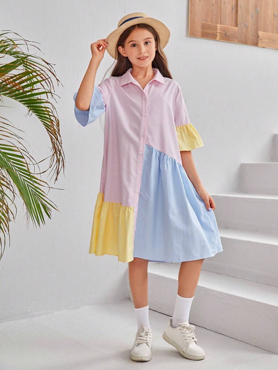 SHEIN Leap Crew 少女們的雜色寬鬆休閒襯衫裙 - 粉色 - 查看 1