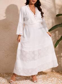 SHEIN Clasi Kích thước lớn Của phụ nữ Ren Vá lại Chi tiết xếp nếp Đầm - trắng - Xem 4