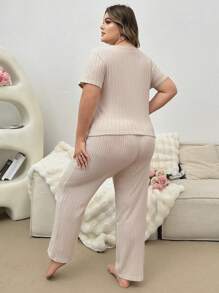 Plus-Size Solid Color Ribbed Knit Casual Pajama Set