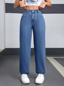 SHEIN EZwear Women's High Waist Straight Leg Denim Jeans - Blue - View 3